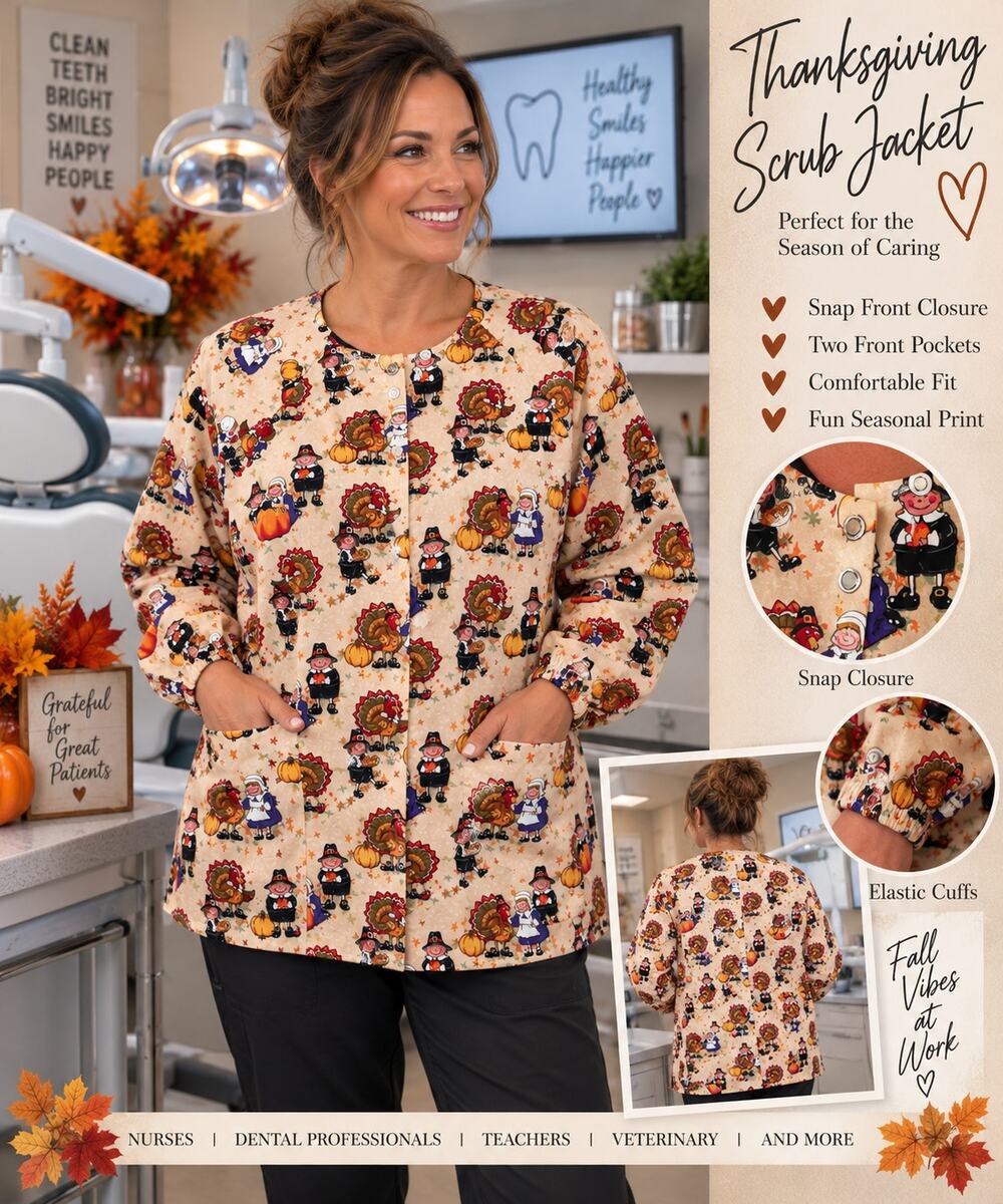 LIFE XL Thanksgiving Scrub Jacket Turkey Pilgrim Pumpkin Snap Front
